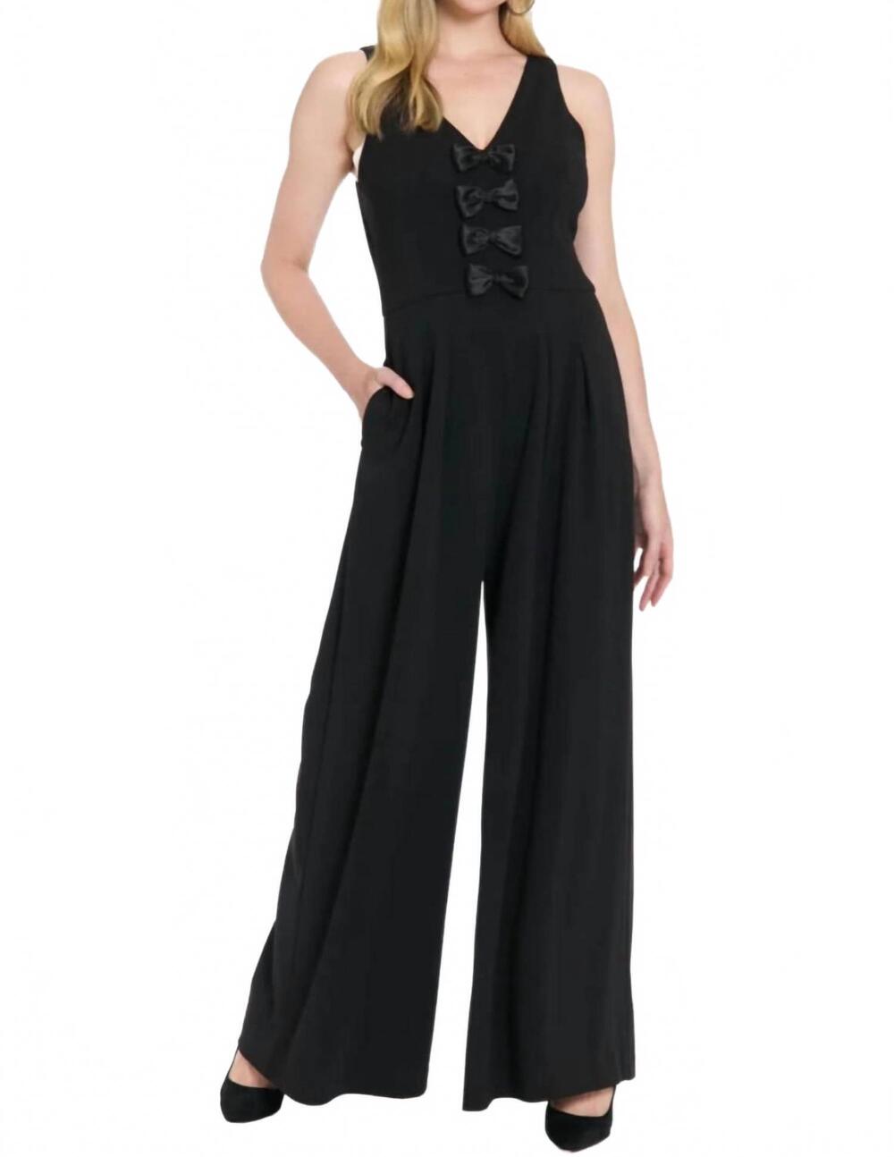 NEW LONDON TIMES bow-accent sleeveless wide-leg jumpsuit in ivory black